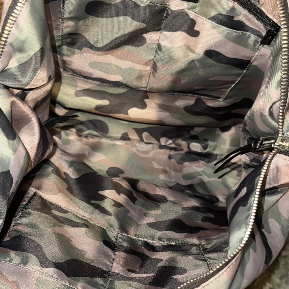 Rebecca Minkoff camouflage camo tote brown leather handles green brown pattern